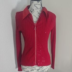 Radzoli Red Sequin Zippered Women's Sweater Blazer (EUC)(S)❤️🤍❤️